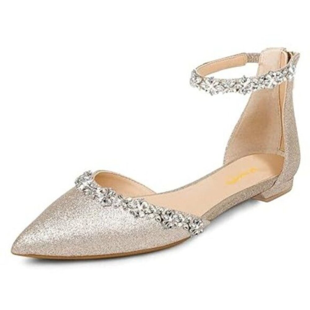 XYD Women Classic Pointed Toe D'Orsay Wedding Flat Sandals Sparkly Rhinestones